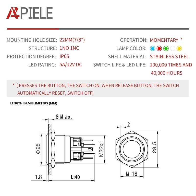 APIELE 22mm Momentary Push Button Switch 12V Angel Eye LED Waterproof Stainless Steel Round Metal Self-Reset 7/8'' 1NO 1NC with Pigtail (Blue) - Image 2